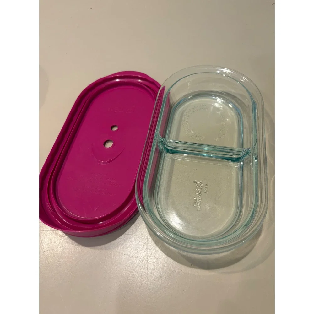 Pyrex Glass Food Storage Set 2pc Pink Vented Lids Divided 3.6 Cup & 2 Cup Round